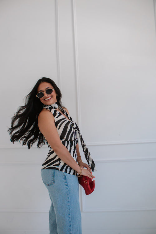 The Wild Side Top | Black & White Zebra Scarf Halter Top