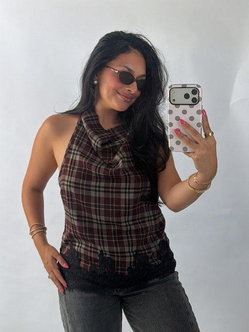 The Autumn Plaid Top | Wine Plaid Lace Trim Top