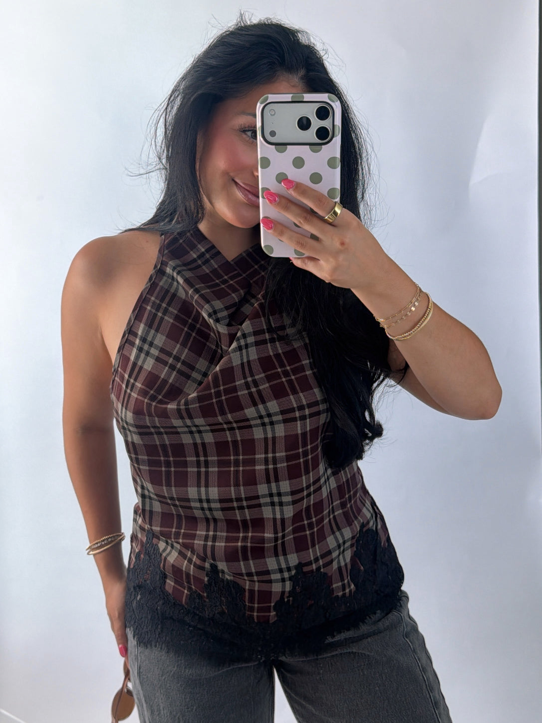 The Autumn Plaid Top | Wine Plaid Lace Trim Top