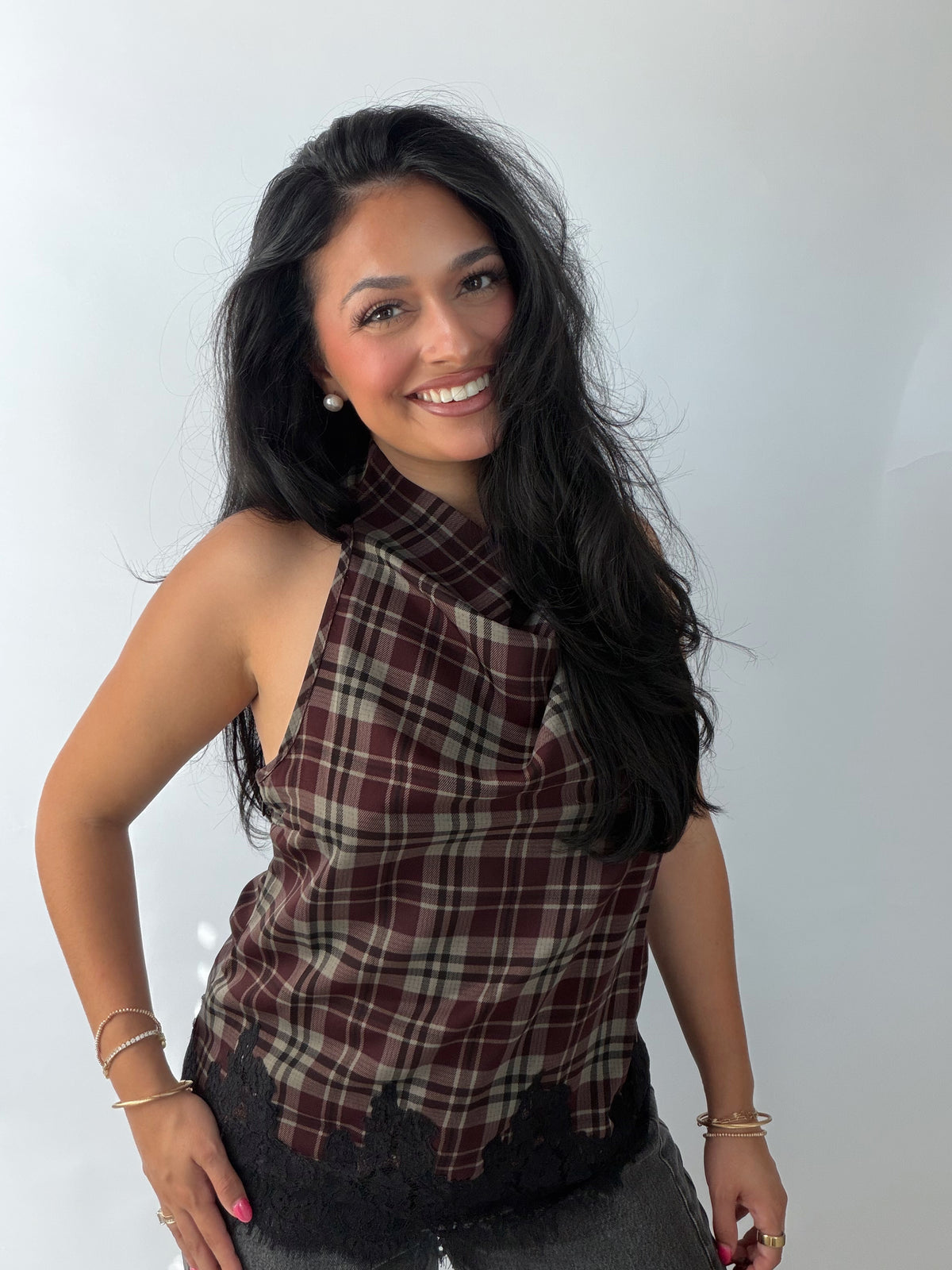 The Autumn Plaid Top | Wine Plaid Lace Trim Top